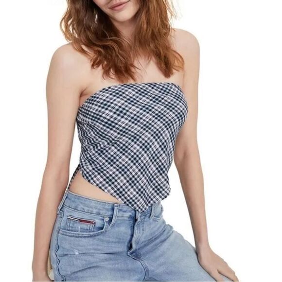 Tommy Jeans Women's Plaid Smocked Scarf Bandeau Top Blue Size Large - Picture 1 of 12